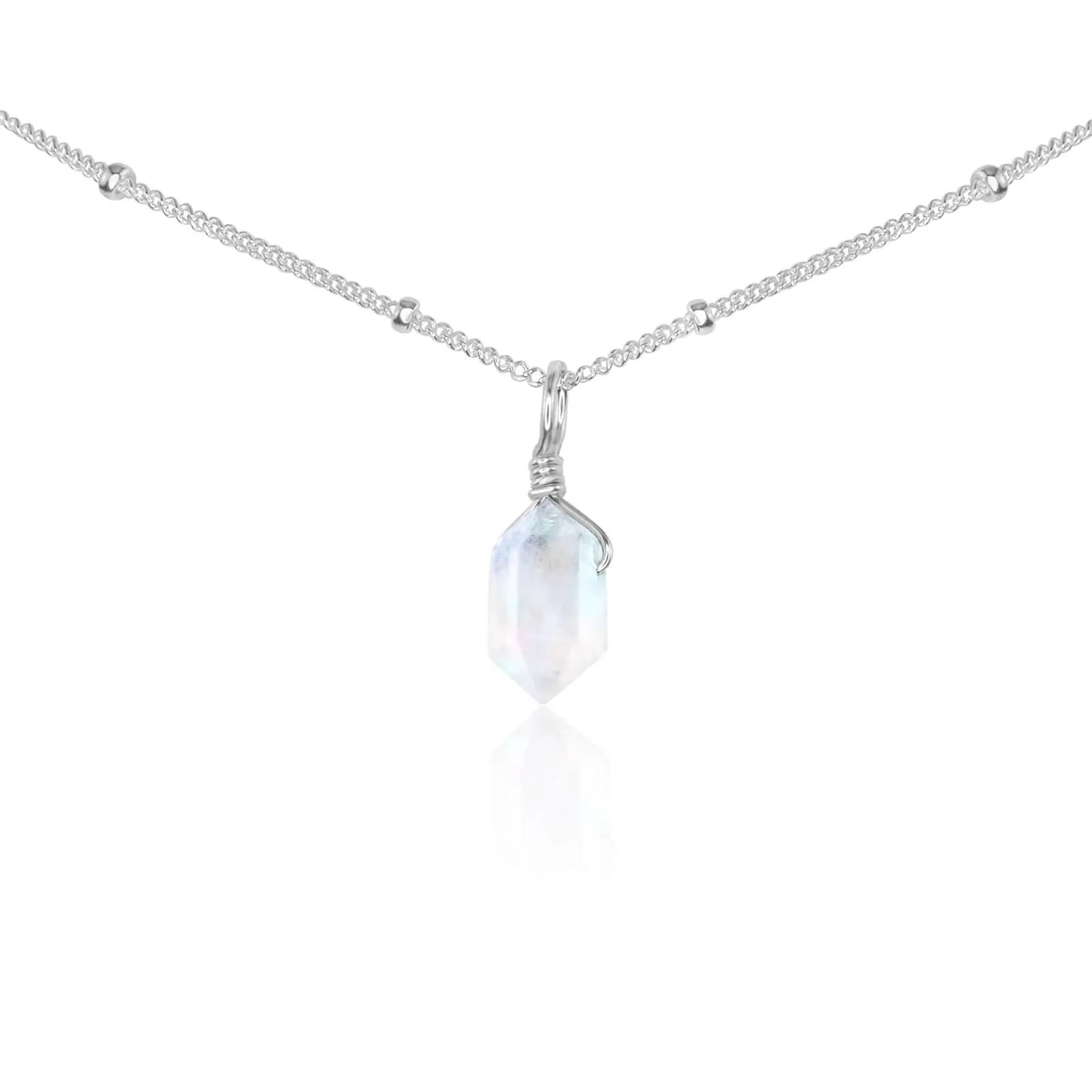Rainbow Moonstone Mini Double Terminated Crystal Point Pendant Choker Necklace