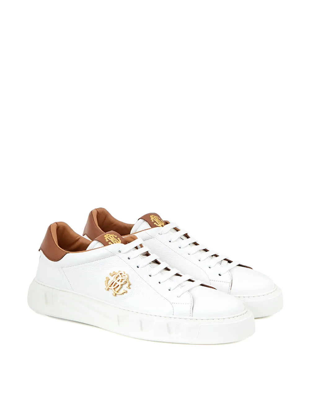Roberto Cavalli Elegant White Leather Sneakers with Gold Accents