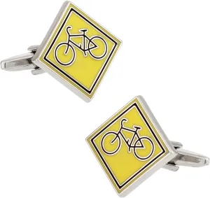 Share the Road Yellow Caution Sign Cycling Cufflinks with Presentation Box