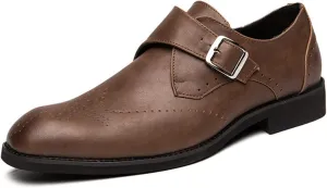 Single Season Formal Shoes for Men Slip On Brogue Wing tip Monk Strap PU Leather Slip Resistant Anti-Slip Low Top Rubber Sole Working Very Popular Among Young People (Color : Brown, Siz