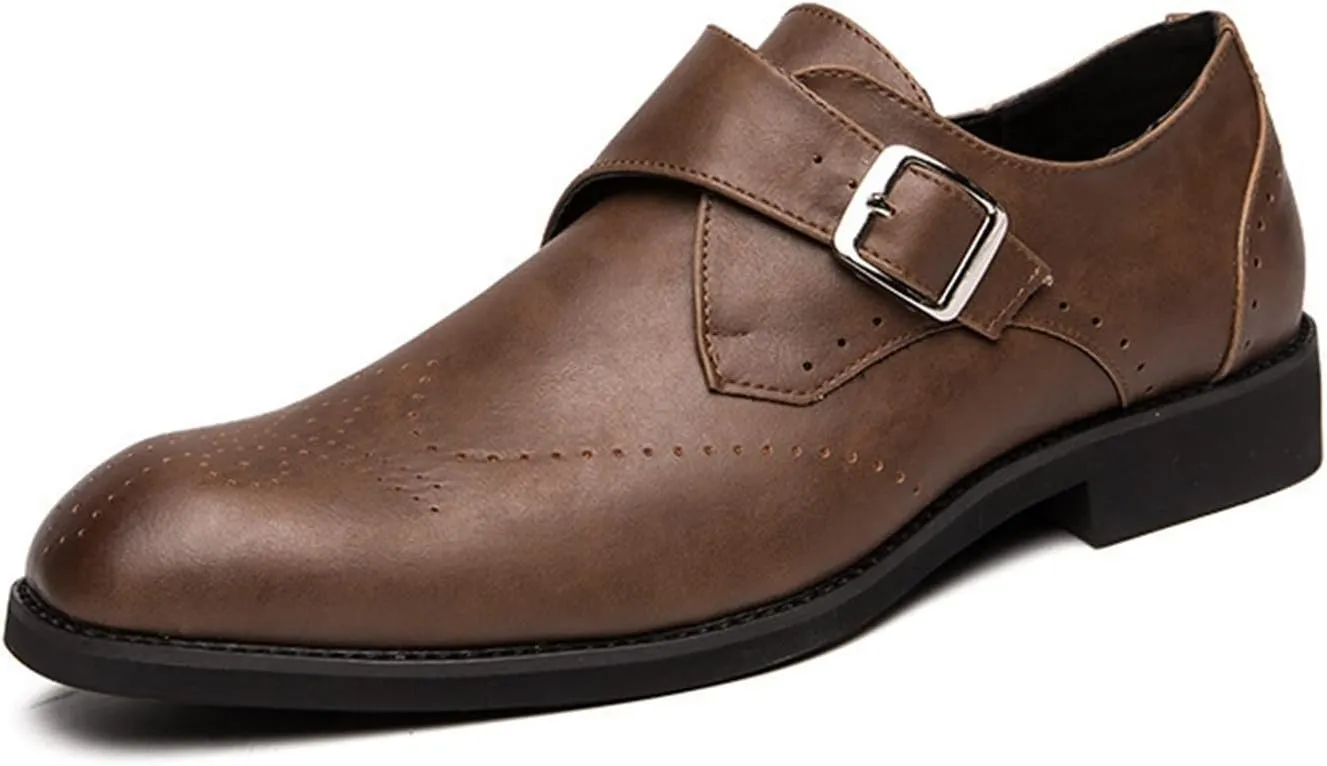 Single Season Formal Shoes for Men Slip On Brogue Wing tip Monk Strap PU Leather Slip Resistant Anti-Slip Low Top Rubber Sole Working Very Popular Among Young People (Color : Brown, Siz