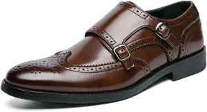 Single Season Oxford Shoes for Men Slip On Double Monk Strap Brogue Embossed Wing tip Faux Leather Block Heel Anti-Slip Rubber Sole Low Top Casual Very Popular Among Young People (Color Brown