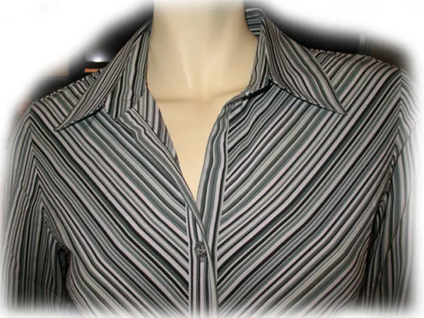 Womens Tops WHITE BLACK GREEN Pinstripe Stripe Pattern Long Sleeve Career Office Wear Business Attire TOP Small