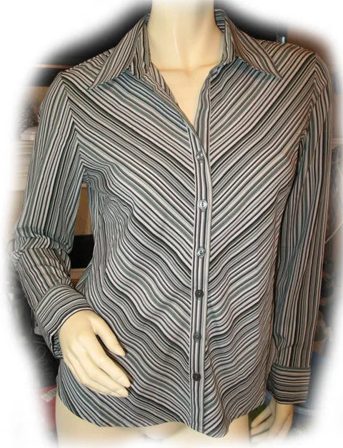 Womens Tops WHITE BLACK GREEN Pinstripe Stripe Pattern Long Sleeve Career Office Wear Business Attire TOP Small