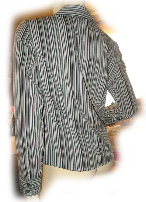 Womens Tops WHITE BLACK GREEN Pinstripe Stripe Pattern Long Sleeve Career Office Wear Business Attire TOP Small