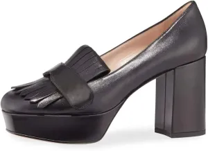 XYD Women's Vintage Platform Pumps with Fringe Block High Heel Slip On Loafers Closed Square Toe Tassels Party Prom Work Shoes