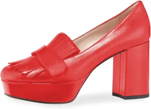 XYD Women's Vintage Platform Pumps with Fringe Block High Heel Slip On Loafers Closed Square Toe Tassels Party Prom Work Shoes