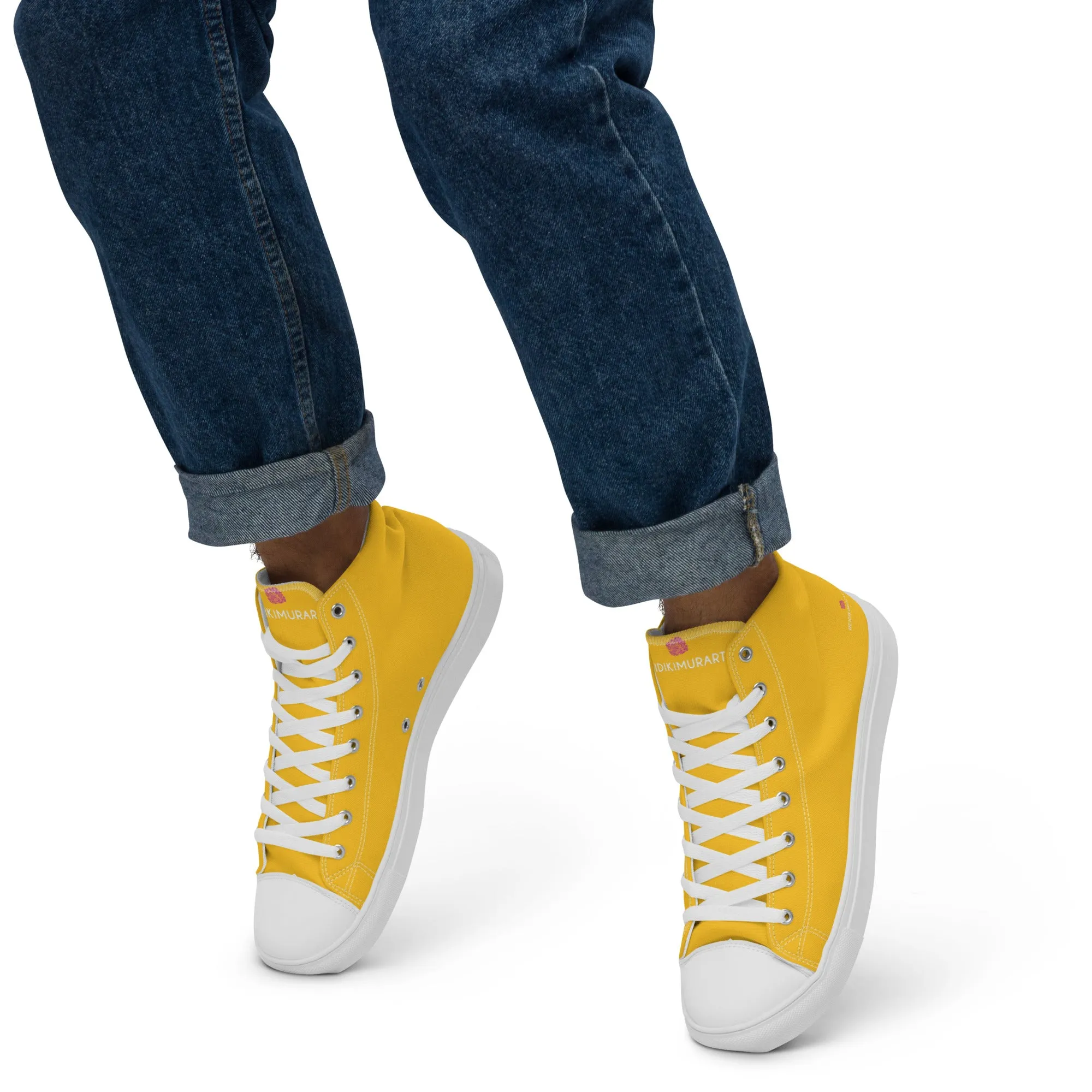 Yellow Color Men's High Tops, Solid Bright Yellow Color Men’s High Top Canvas Sneaker Shoes (US Size: 5-13)