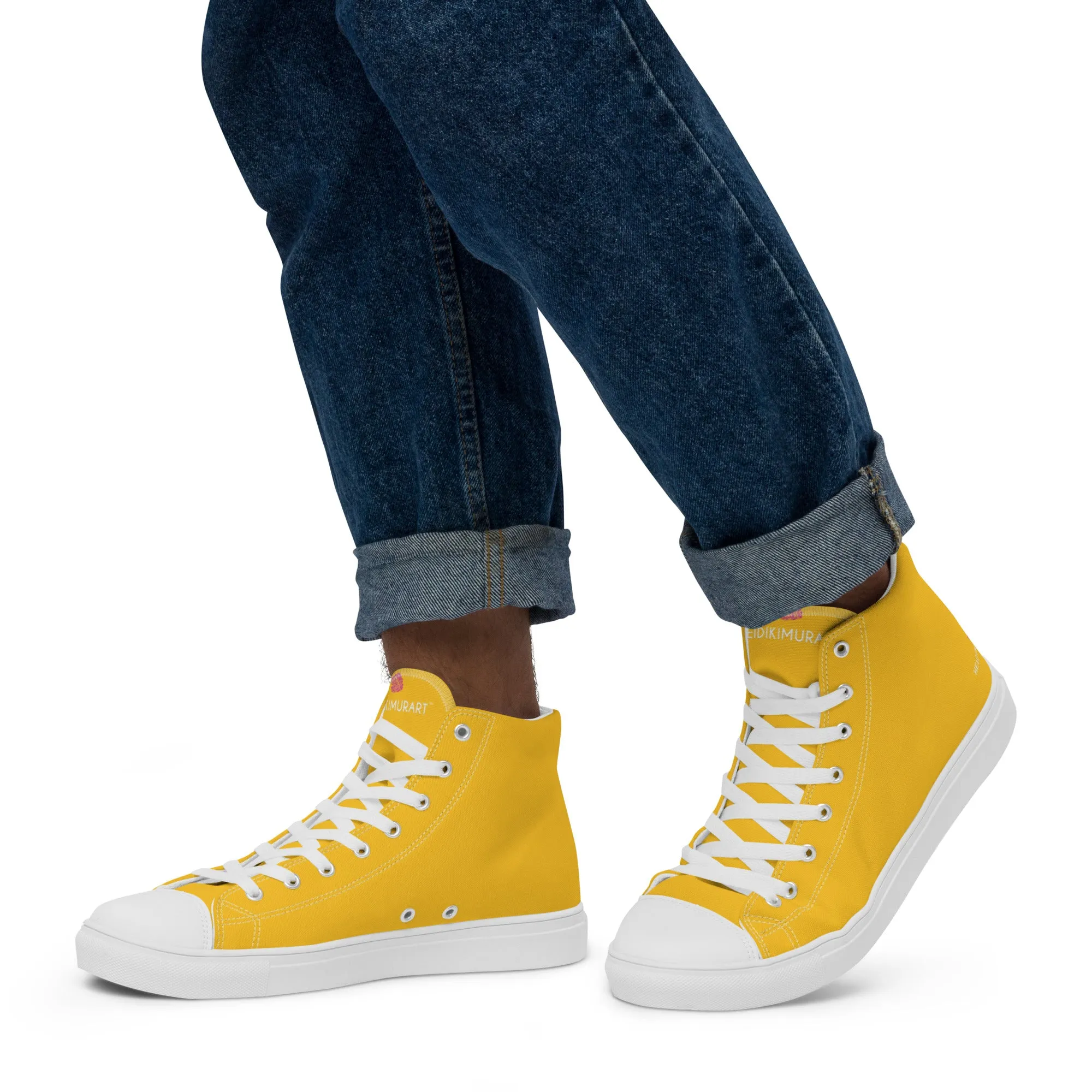 Yellow Color Men's High Tops, Solid Bright Yellow Color Men’s High Top Canvas Sneaker Shoes (US Size: 5-13)