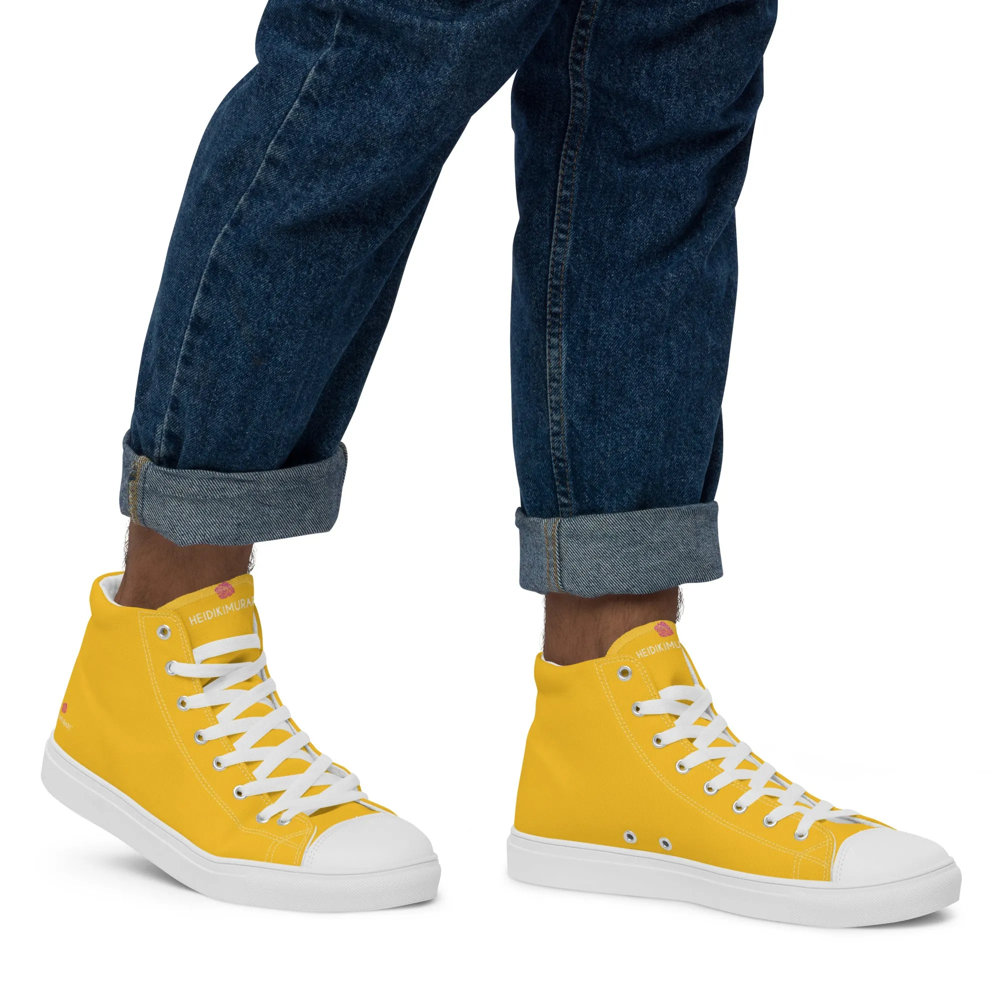 Yellow Color Men's High Tops, Solid Bright Yellow Color Men’s High Top Canvas Sneaker Shoes (US Size: 5-13)