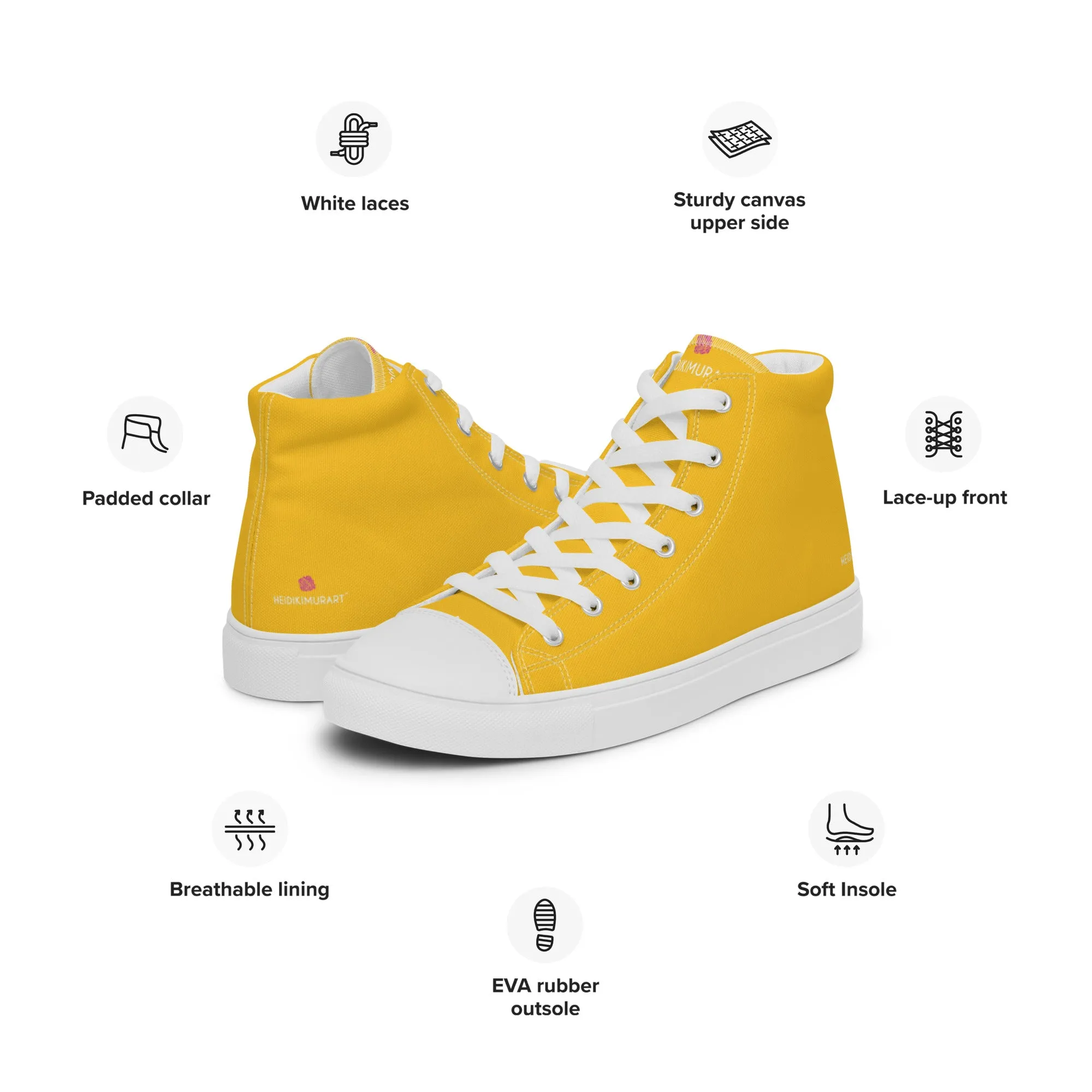 Yellow Color Men's High Tops, Solid Bright Yellow Color Men’s High Top Canvas Sneaker Shoes (US Size: 5-13)